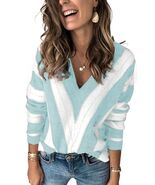 EVALESS Women&#39;s Purple Striped V Neck Color Block Sweater Size XL - $189.17 MXN