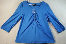 metrostyle Blouse Top Women Size Large Blue Knit Long Sleeve V Neck Button Front - £11.80 GBP