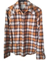 Lucky Brand Sm Button Up Western Shirt Orange Plaid Pearl Snap Saturday Stretch - £15.21 GBP