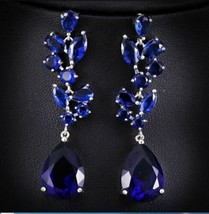 Fancy 3Ct Pear Cut CZ Blue Sapphire Drop Dangle Earring 14k White Gold Finish. - £100.83 GBP