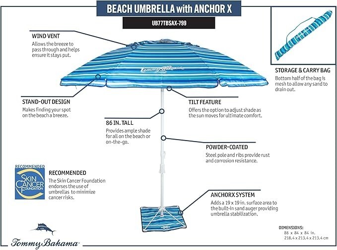 Tommy Bahama ANCHORX 7.5’ Beach Umbrella System, Blue Stripes - Lightweight Easy Item image 4