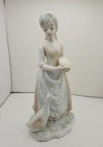 Vtg Porcelain Hand Painted Girl with Goose &amp; Basket of Eggs Figurine 8&quot; Tall - £8.60 GBP