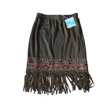 Umgee Olive High Waist Embroidered Fringe Faux Suede Skirt Size Small New - $23.07