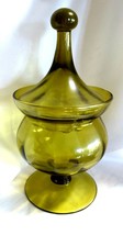 Empoli Glass Apothecary Jar Dish Olive Green Covered Candy Dish - £36.09 GBP
