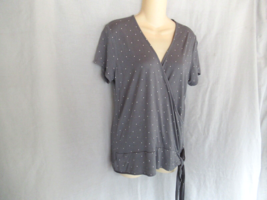 LOFT Outlet top  tie cross-over surplice  Large gray white dots cap sleeves - $9.75
