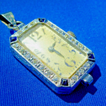 Earth mined Diamond Sapphire Deco Watch Unique Antique Platinum Pendant - $3,935.25