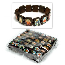 Lot Of 12 Saint Bead Bracelet Brown Wood Religious Icon Catholic Stretch Elastic - £10.35 GBP