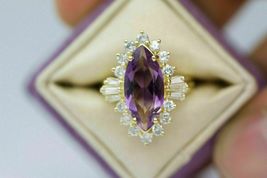 2.50CT Marquise Cut Amethyst &amp; Diamond 14K Yellow Gold Over Engagement Ring - £87.04 GBP
