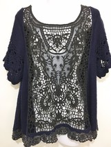 Free People M Navy Blue Black Boho Lacy Cut-Out Pullover Sweater Tunic  - £24.02 GBP