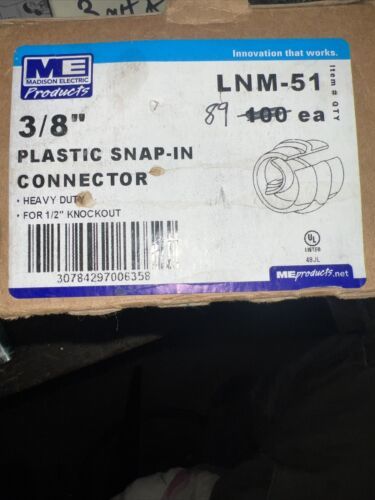 Madison Electric 3/8” Plastic Snap-in Connectors NEW, Open Box* Lot Of 89 - $17.99