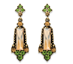 Baguette Champagne Round Green Crystal Vintage Style Antiqued Gold Tone Earrings - £63.92 GBP