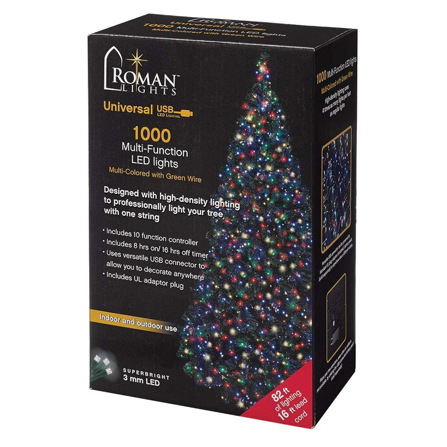 Roman Lights Superbright LED USB 1000L Multi 84 ft, Green Cord Light Set, 10 Fun