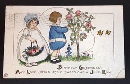 Children Pick Roses On A/S Mep Margaret Evans Price Antique Birthday Postcard - £12.70 GBP