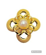 Monet Vintage 1990&#39;s Gold Mesh Cabochon Pearl Clover Shape Status Broach... - £19.94 GBP