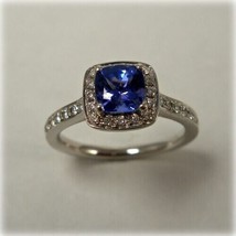 14k White Gold Plated 2.1Ct Cushion Simulated Blue Sapphire Engagement Halo Ring - £86.41 GBP