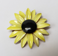 Vintage Sandor Flower Enamel Daisy Brooch Pin Yellow Black Signed 2 1/8&quot; - £31.11 GBP