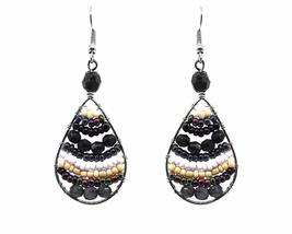 Beaded Teardrop Silver Metal Striped Seed Bead Dangle Earrings - Womens Fashion  - £11.86 GBP