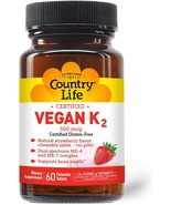 Country Life Vegan Vitamin K2, 500 mcg, 60 Chewable Tablets, Strawberry ... - $19.99