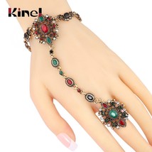 Kinel Unique Bracelet link Ring Turkish Jewelry Set For Women Antique Gold Cryst - £16.99 GBP