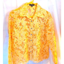 Notations Women&#39;s Button Front Shirt Yellow White Floral Sheer Front Poc... - $221.00 MXN
