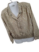 Vtg Blouse Tan Polka Dot Padded shoulders banded hem M/L Petite Impressions Top - £20.32 GBP