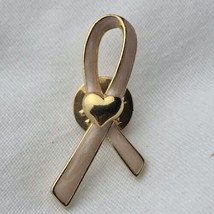 Pink Ribbon Breast Cancer Awareness Gold Tone Heart Enamel Pin Brooch - £8.28 GBP