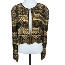 Adrianna Papell Evening Jacket Womens XL Black Gold Beaded 100% Silk Cropped Vtg - £43.44 GBP