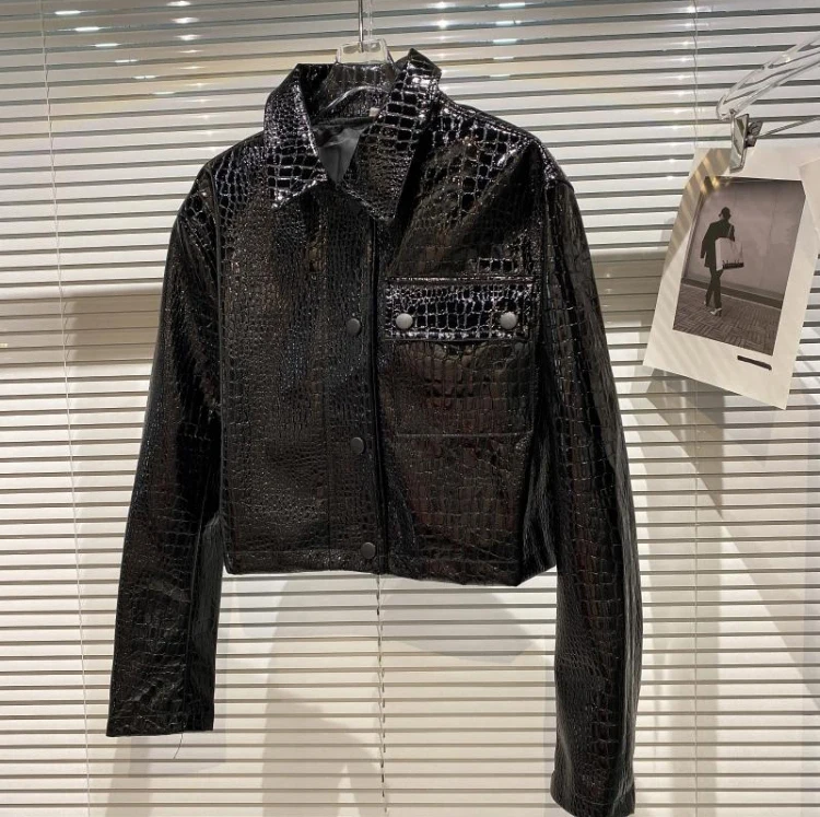 Lautaro-Short Black Patent Leather Jacket for Women Shiny Reflective Cro... - $110.00