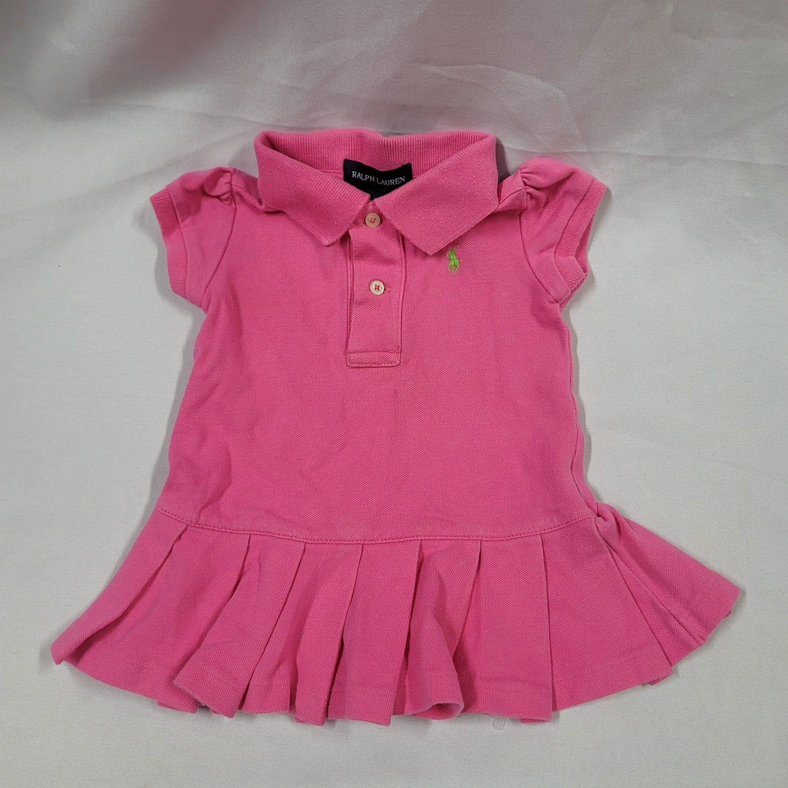 Ralph Lauren Baby Girl Pink Polo Dress Pleated Green Pony 9 m Preppy Outfit - $13.86