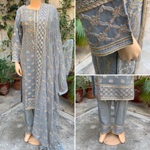 Pakistani Gray Straight Style Embroidered Sequins 3pcs Chiffon Dress,Small - £100.97 GBP