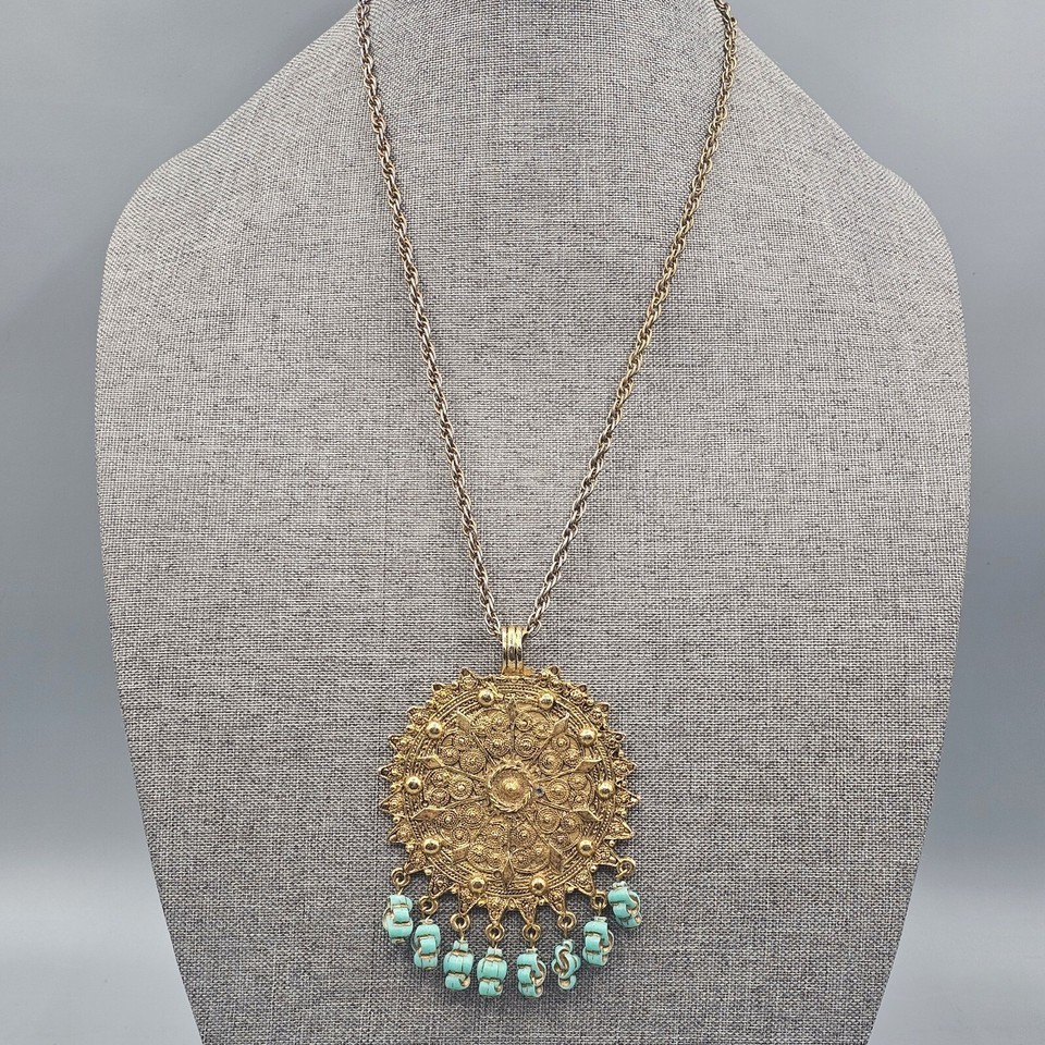 Vintage Sundial Medallion Pendant Necklace Gold Tone Blue Dangles Textur... - $39.99