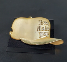 Vintage AJC Bad Hair Day Pin Brooch Gold Tone Baseball Hat Cap Signed 1980s - £15.55 GBP