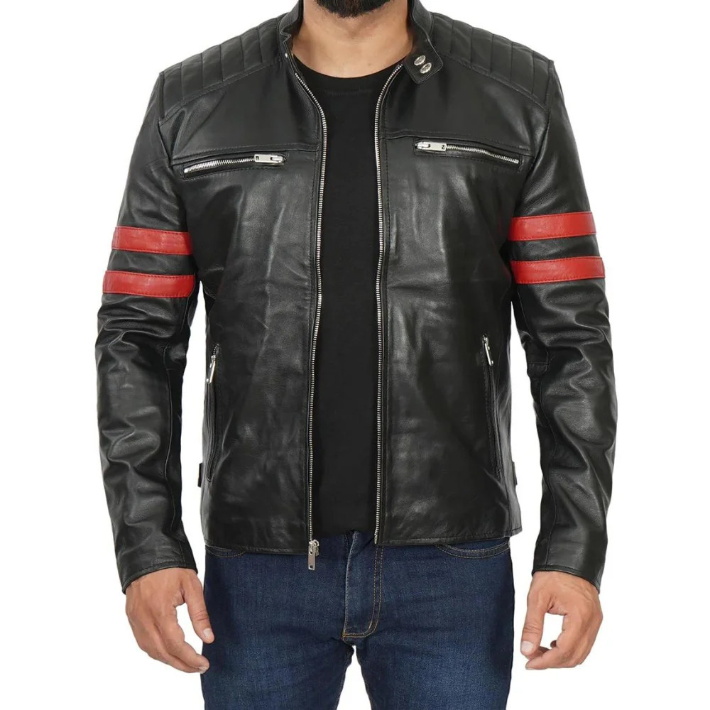 Men's Cafe Racer Retro Biker Black & Red Stripe Motorcycle Leather Jacket