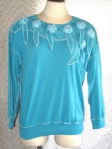 Vintage Rafael Women&#39;s Teal Long Sleeve Lace Poofy Flowers Inside Out Look Shirt - £13.40 GBP