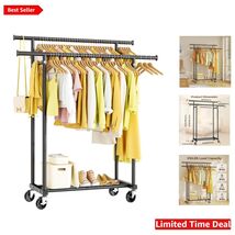 Stylish Double Rod Rolling Clothes Rack - Portable Wardrobe Organizer in... - $91.03