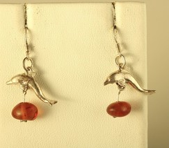 Vintage Sterling Silver Signed 925 Dolphin Dangling Amber Stone Hook Earrings - £35.28 GBP