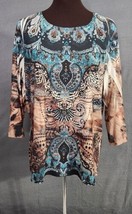CHICOS Womans 3/4 Sleeve Knit TOP  Brown Teal Embellished Tunic Sz 2 Large USA - £15.68 GBP