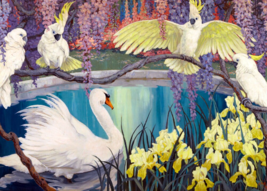 Cockatoos &amp; Swans in a Iris &amp; Wisteria garden pond ceramic tile mural backsplash - £47.47 GBP+