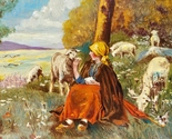 Oil painting signed shepherdess and her sheep CIRCA 1940 - $259.00