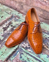 Handmade Men Tan Ostrich Leather Lace Up Formal Dress Shoes, Oxford Offi... - $159.99