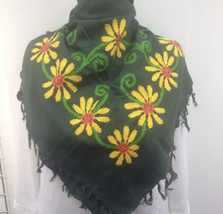 Womens  Green With Embroidered Yellow Daisies Fringed Scarf BOHO New - £11.99 GBP
