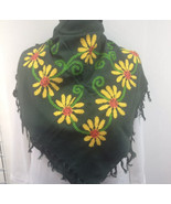 Womens  Green With Embroidered Yellow Daisies Fringed Scarf BOHO New - $20.71 CAD