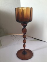 VNTG AMBER BLOWN OPTIC RIBBED GLASS CANDLE HOLDER WITH TWISTED STEM, 13&quot;... - $24.74