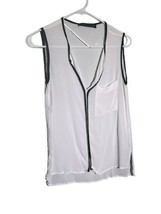 ZARA Size Small Sheer White Sleeveless Blouse Black Piping Chest Pocket High Low - £6.87 GBP