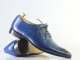 Men&#39;s Handmade Oxford Blue Leather Shoes, Men Brogue Toe Stylish Dress Shoes - £115.48 GBP+