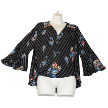 By &amp; By Womens Large Floral Blouse Black Hi-Lo Hem Bell Sleeves Boho Peasant Top - $13.22