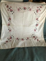 Vintage Cream Cotton w Embroidered Pinkish Red &amp; Black Floral Vine Rectangle Tab - £8.88 GBP