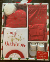 0-6 M Christmas Baby Holiday Set &quot;My 1st Christmas&quot; Hat Socks Pants Bodysuit NEW - £15.64 GBP