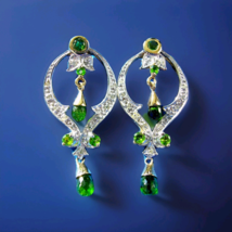 Earth mined Diamond Peridot Deco Earrings Fine Vintage Gatsby Style Dang... - $2,180.25