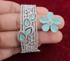 Bollywood Style Indian Silver Plated Bracelet CZ Kada Ring Blue Jewelry Set - £37.95 GBP